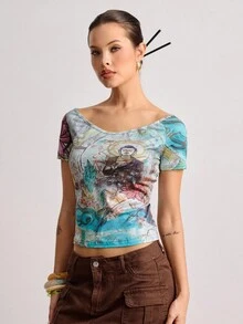 ROMWE Avant 中国风佛像印花露肩女式T恤