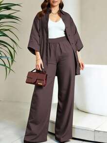 SHEIN 大码女式休闲/办公纯色衬衫和裤子两件套 - 棕色 - 查看 3