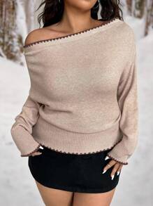 SHEIN EZwear Plus Size Autumn/Winter Casual Minimalist Contrast Color Dogtooth Pattern Ribbed Trim Fitted Pullover Sweater Fall - Khaki - View 8