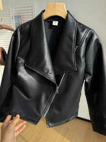 SHEIN Cool Modern Faux Leather Jacket, Suitable For Girls, Long Sleeve Outerwear Fall Winter - Black - View 5