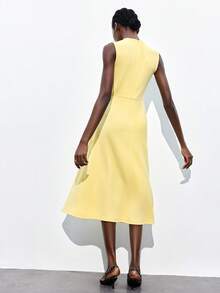 Maija 2025 秋冬新款优雅奶油黄色腰部褶饰设计中长连衣裙，现代时尚都市浪漫西部朋克 Y2K 乡村音乐节复古风格韩国机场旅行街头婚礼宾客生日万圣节商务休闲办公室约会派对郊游机场返校秋季连衣裙女士 - 黃色 - 查看 3