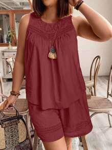 Plus Size Solid Color Hollow Out Sleeveless Top And Shorts Summer Vacation Casual Set
