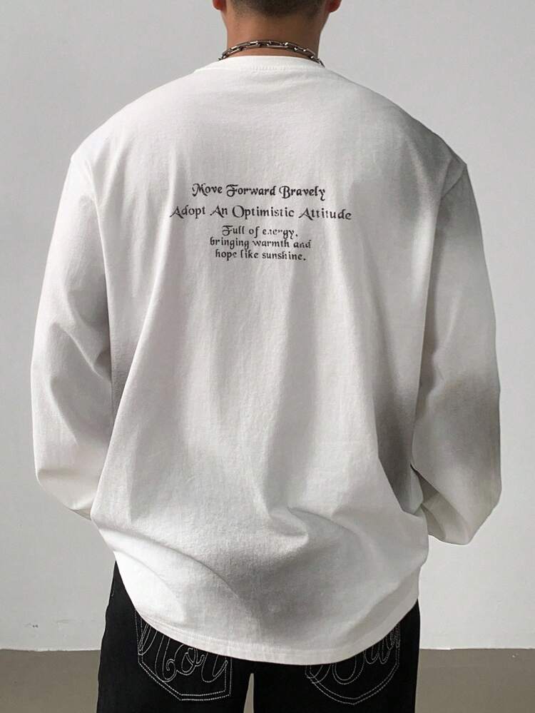 Autumn Vintage Letter Print Street Goth Style White Long Sleeve T-Shirt For Men