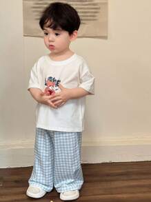 Hapijoa 2 件套幼儿男童卡通印花休闲圆领 T 恤和格子裤家居服套装 - 白色 - 查看 7
