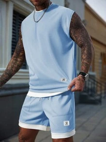 Manfinity Homme Casual Men's Blue Round Neck Tank Top And Shorts Set In Knitted Fabric