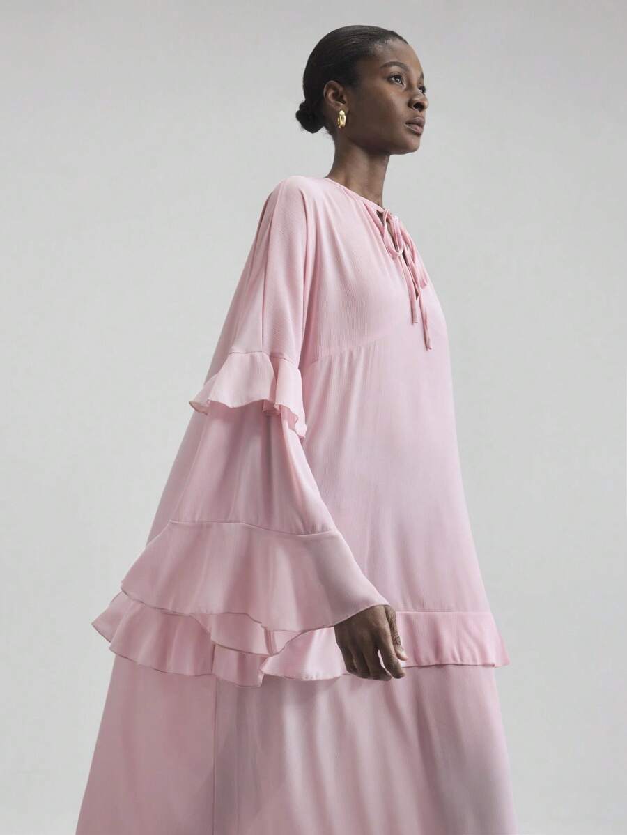 Ontre 女士长袖荷叶边连衣裙，海滩度假装，波西米亚海岛度假村音乐节万圣节圣诞派对优雅连衣裙优雅知性女性婚礼宾客礼服套装和美丽的法式宽松高端感的知性与优雅老钱风格邮轮服装度假装四季现代度假游牧休闲时尚百搭女装乡村演唱会服装西方风格女装 - 淺粉色 - 查看 1