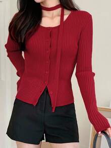 DAZY 女士红色修身开衫 秋冬 - 紅色 - 查看 5