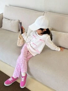 SHEIN Conjunto de camiseta de manga larga de cuello redondo simple y de moda con pantalones casuales y versátiles para niñas en otoño, adecuado para el ocio en casa, reuniones familiares o uso diario - Multicolor - Ver 7