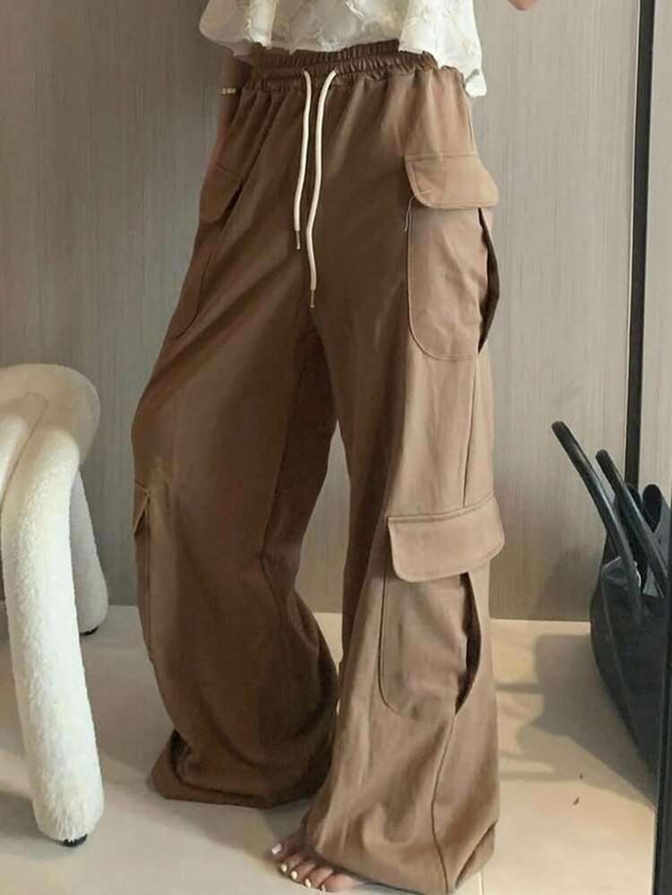 Solid Color Elastic Waist Drawstring Pocket Casual Cargo Pants Autumn Sweatpants