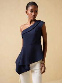 Vesra 女士优雅细肩带不对称下摆褶饰腰部衬衫