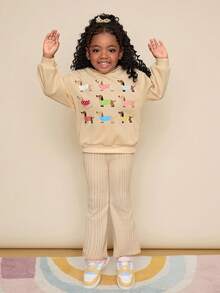 CutesyCutie 2pcs/Set Young Girl Knitted Puppy Dachshund Pattern Hooded Sweatshirt And Flared Pants Outfit,Back-To-School Autumn School Winter Clothes - Multicolor - View 5