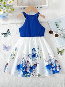 SHEIN Young Girl Floral Print Waist Bowknot Neck Casual Dress, Elegant Style Suitable For Travel, Holiday, Party, Summer Gift Summer Holiday