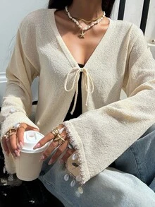 Siren Gaze Women's Solid Color Long Sleeve Casual Tie Front Knit Cardigan In Fall/Winter - Apricot - View 2