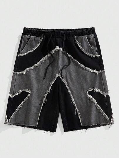 Street Life Men's Summer Casual Contrast Color Patchwork Frayed Hem Denim Shorts