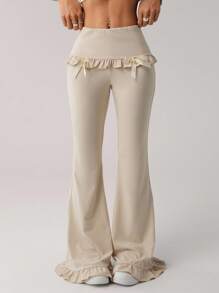 SHEIN ICON Women's Western Khaki Boho Casual Low Waist Pants With Bow Decor Flared Women Jeans