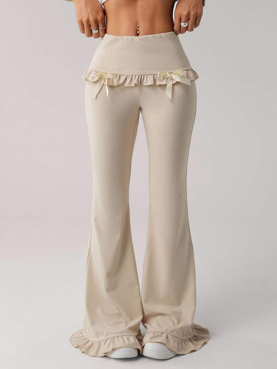 SHEIN ICON Women's Western Khaki Boho Casual Low Waist Pants With Bow Decor Flared Women Jeans