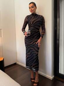 Lavishia Abito a maniche lunghe aderente con stampa astratta nero e caffè, collo alto, per donna - Multicolore - Visualizzare 4