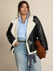 Freevana Plus Size Faux Fur Collar PU Leather Long Sleeve Jacket, Biker Style, Winter - Black and White - View 6