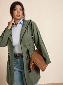 SHEIN LUNE 加大码军绿色斗篷/披风外套，休闲百搭女士冬季服装商务休闲女式风衣女士秋季服装冬装女士办公室服装橄榄绿时尚冬季秋季 - 軍綠色 - 查看 13