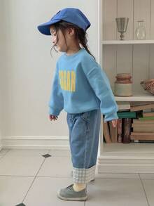DAZY Baby Girls' Loose Fit Round Neck Korean Style Artistic Letter Print Long Sleeve Sweatshirt, Spring/Autumn - Blue - View 4