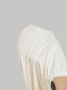 SHEIN MOD 女士休闲百搭圆领喇叭袖杏色 T 恤，女士秋冬装，返校装，乡村音乐会装，返校节装，商务休闲女装，女士工作装，波西米亚风，教师装，褶饰上衣，长袖上衣，垂褶领上衣，秋季上衣 - 杏色 - 查看 5