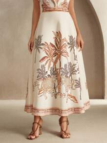 Anewsta 女士优雅热带植物印花 A 字中长裙，适合度假