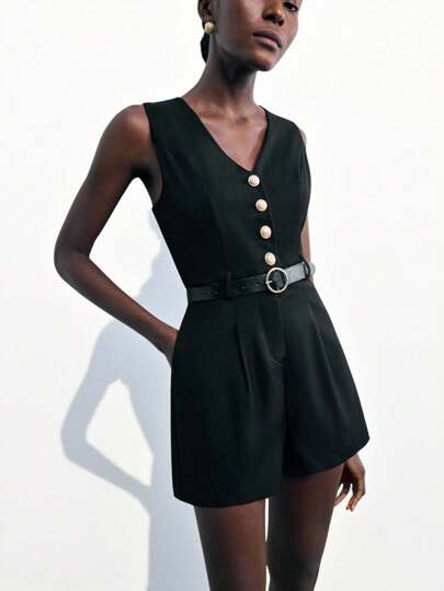 Maija 2025 Modern City Design Wide Shoulder Strap V-Neck Metal Buckle Belted Slim Waist Romper For Women, Suitable For Early Autumn Black Romper Women Romper Short Romper Romper Jumpsuit One Piece Romper Women Rompers Jumpsuit Shorts Black Jumpsuit, Fall Clothes For Women,Winter Clothes For Women,Winter Clothes,Night Out,Going Out Tops Women, Night Out Outfit,Date Night Outfit,Old Money Style Women,Business Casual Woman