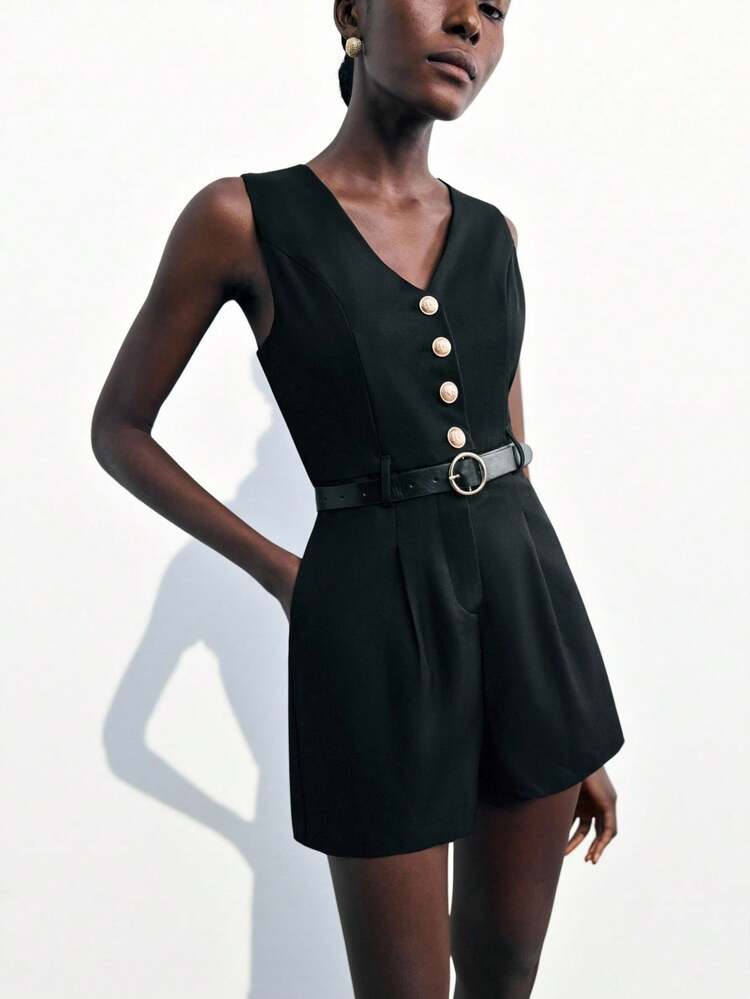 SHEIN Maija 2025 Modern City Design Wide Shoulder Strap V-Neck Metal Buckle Belted Slim Waist Romper For Women, Suitable For Early Autumn Black Romper Women Romper Short Romper Romper Jumpsuit One Piece Romper Women Rompers Jumpsuit Shorts Black Jumpsuit, Fall Clothes For Women,Winter Clothes For Women,Winter Clothes,Night Out,Going Out Tops Women, Night Out Outfit,Date Night Outfit,Old Money Style Women,Business Casual Woman