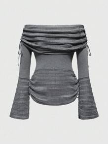 ROMWE J-Fashion Áo len dệt kim cổ trễ vai đa năng cho nữ mùa thu đông - Xám - Xem 1