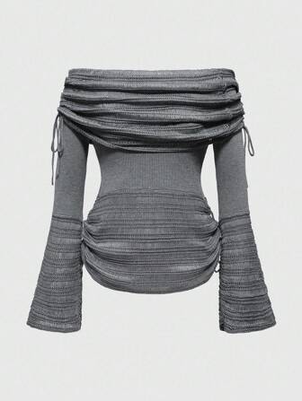 J-Fashion Women's Off-Shoulder Collar Mesh Knit All-Match Versatile Sweater Knit Pullover Fall Winter Outfit