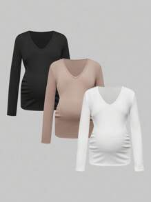 Modmama 3件套孕妇上衣秋季服装孕妇纯色V领长袖休闲百搭T恤秋季连衣裙可爱上衣长袖秋冬服装孕妇上衣孕妇衬衫女士长袖上衣孕妇长袖上衣冬季孕妇上衣 - 彩色 - 查看 7