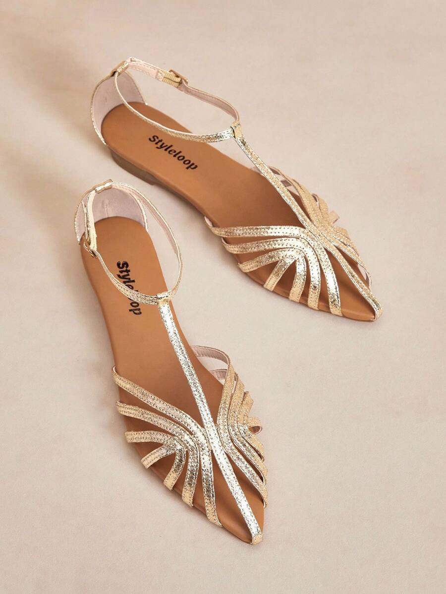 Rosivie 2025 新款女士镂空编织罗马凉鞋，时尚平底封闭式鞋头带扣沙滩休闲鞋 - 金色 - 查看 1