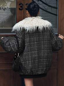 DAZY Karierter Patchwork Fellkragen, locker sitzende Jacke mit langen Ärmeln, Reißverschlusstaschen, Lässig Street Style, dick gefüttert, Damen Mantel für Herbst/Winter - Grau - Übersicht 2