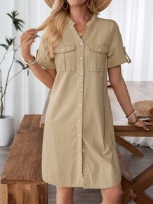 EMERY ROSE 女士休闲节日前扣牛仔连衣裙 - 卡其色 - 查看 6