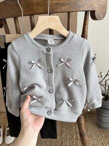 SHEIN Baby Girl Infant Toddler Newborn 0-3 Years Old Autumn/Winter Fashion Knitted Fuzzy Ribbed Bow Cardigan Jacket + Leggings Pants 2-Piece Outfit Set Fall