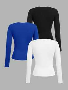 SHEIN EZwear 3 Stücke Damen Rundhals Lässig Fitted Langarm T-Shirt Set, geeignet für Frühling, Herbst und Winter - Verschiedenfarbig - Übersicht 2
