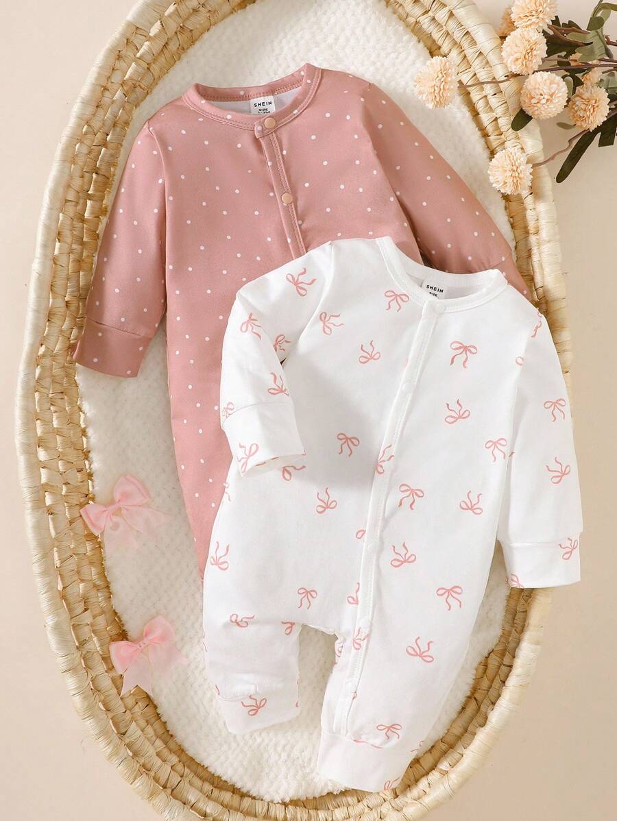 SHEIN 2pcs Newborn Baby Girl Autumn Outfit, Comfortable & Cute Bow Pattern Long Sleeve Jumpsuit Set, Suitable For Any Occasion Fall Winter