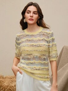 Anewsta Áo len dệt kim thiết kế khoét lỗ thời trang nữ - Màu vàng - Xem 3