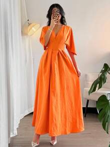 Firerie 女士夏季优雅通勤风格休闲外出度假装橙色亮色 V 领高腰褶皱拉链收腰 A 字中长连衣裙 - 亮橙色 - 查看 6