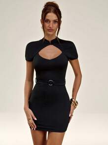 SHEIN BAE 春夏纯黑色蕾丝短袖镂空性感迷你蕾丝连衣裙，黑色蕾丝连衣裙，优雅连衣裙 - 黑色 - 查看 3