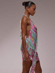 MUSERA Halterneck Plunge V Front Floral Print Drape Detail Loose Fit Mini Dress Spring Summer Birthday Vacation Elegant Cute Sexy Boho Ibiza Festival Wedding Guest Beach Holiday Party Summer Outfit Carvinal - Blue - View 4