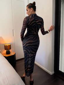 Lavishia Abito a maniche lunghe aderente con stampa astratta nero e caffè, collo alto, per donna - Multicolore - Visualizzare 2