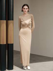 Uhlyne Uhlyne Abito midi elegante da donna con design annodato, arricciato, a tinta unita, aderente, vintage, minimalista, alla moda, basic, adatto per l'ufficio - Cachi - Visualizzare 6
