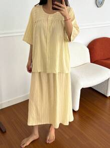 DAZY Ensemble pyjama femme avec chemisier à rayures et mini-jupe - Jaune citron - Voir 3