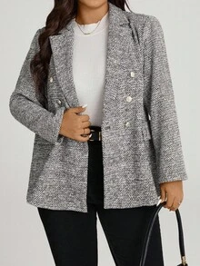 SHEIN LUNE 大码秋冬女款缺口领长袖纽扣前格子休闲西装外套/粗花呢材质/黑色西装外套/冬季女款夹克派对亮片假日 - 彩色 - 查看 5