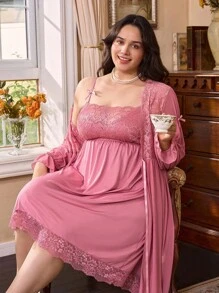 Côtesoire 大码优雅浪漫蕾丝拼布睡袍和睡衣套装 - 藕粉色 - 查看 4