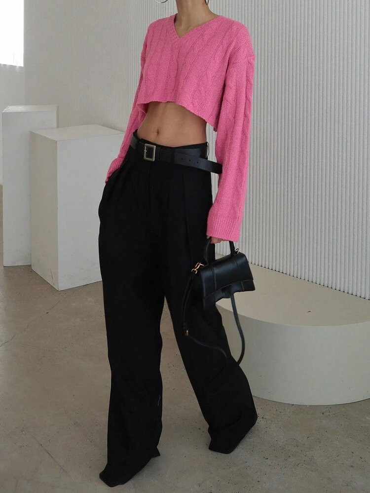 Short Sleeve Sweater Women, Versatile Loose Fit Slimming Round Neck Solid Color Knit Pullover Crop Women Tops Fall