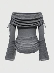 ROMWE J-Fashion Áo len dệt kim cổ trễ vai đa năng cho nữ mùa thu đông - Xám - Xem 2