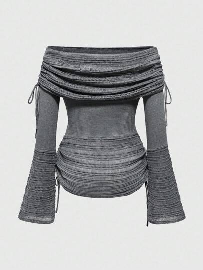 J-Fashion Women's Off-Shoulder Collar Mesh Knit All-Match Versatile Sweater Knit Pullover Fall Winter Outfit