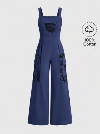 Hippie Women's Floral Print Cargo Pocket Pleated Wide Leg Jumpsuit